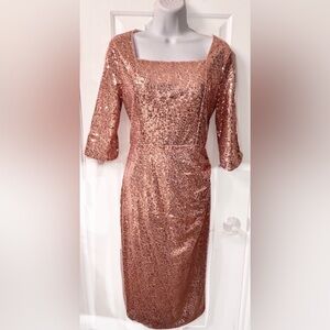 Rose Gold Sequin Ruched Sheath Dress with Sleeves